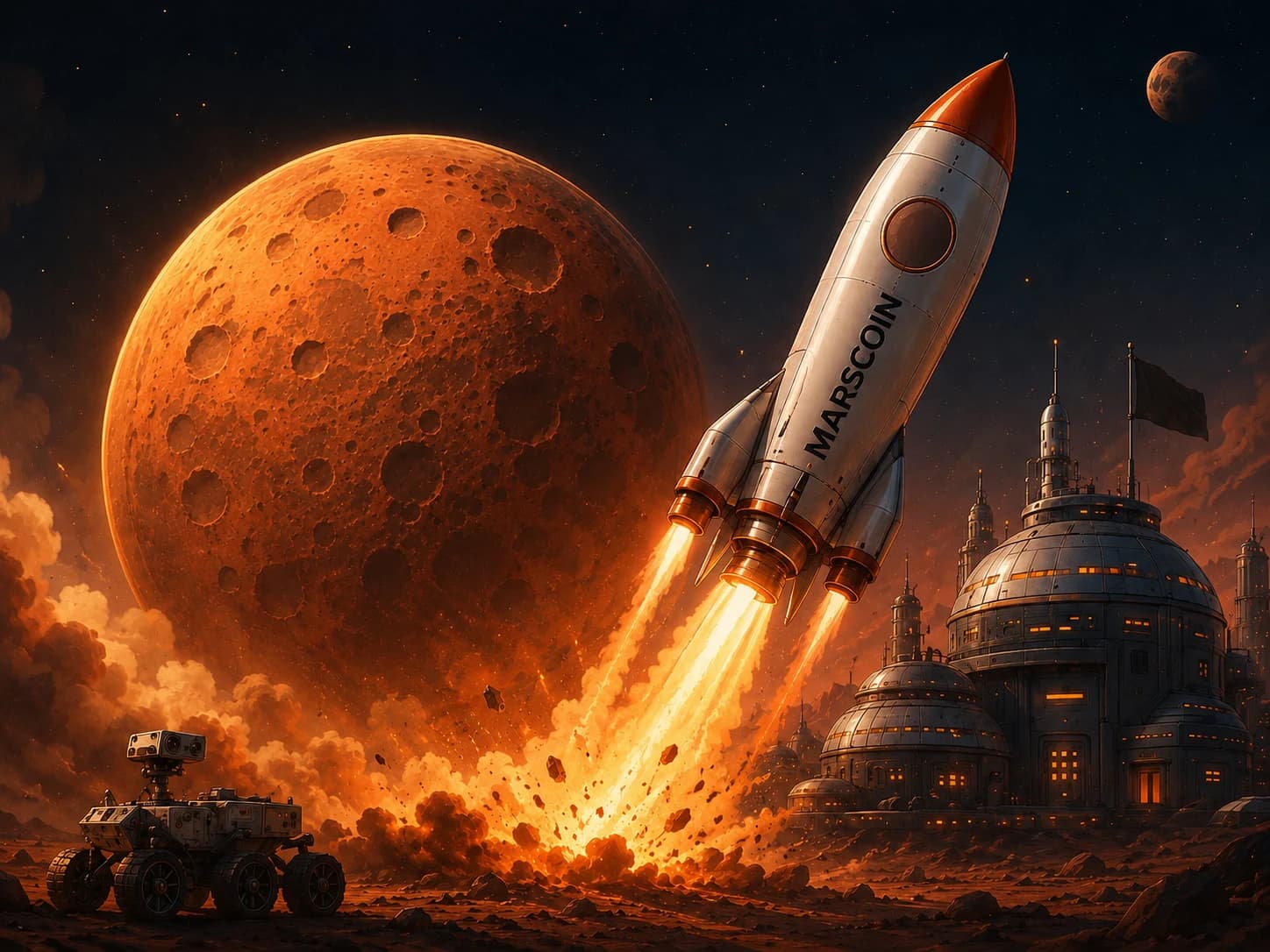 MarsCoin rocket launching from a futuristic Mars base